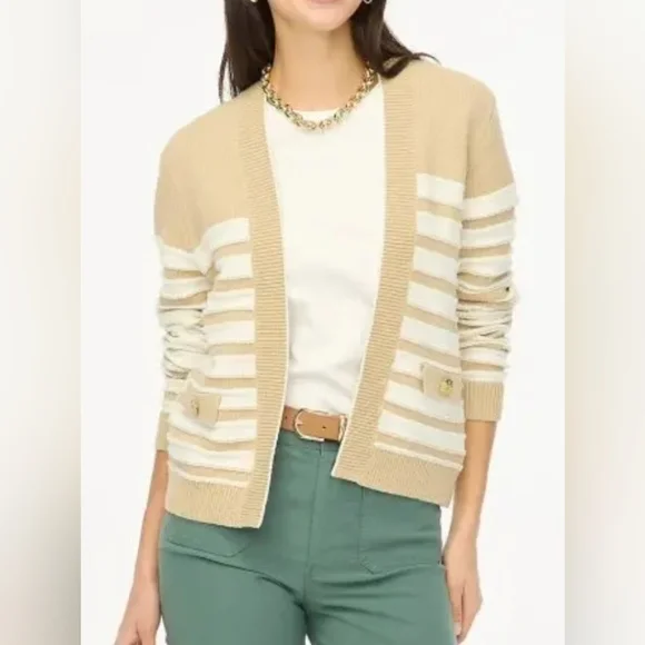 New J. Crew Women's Tan and Cream Striped Open Cardigan Swearter Size Xs - Picture 2 of 9